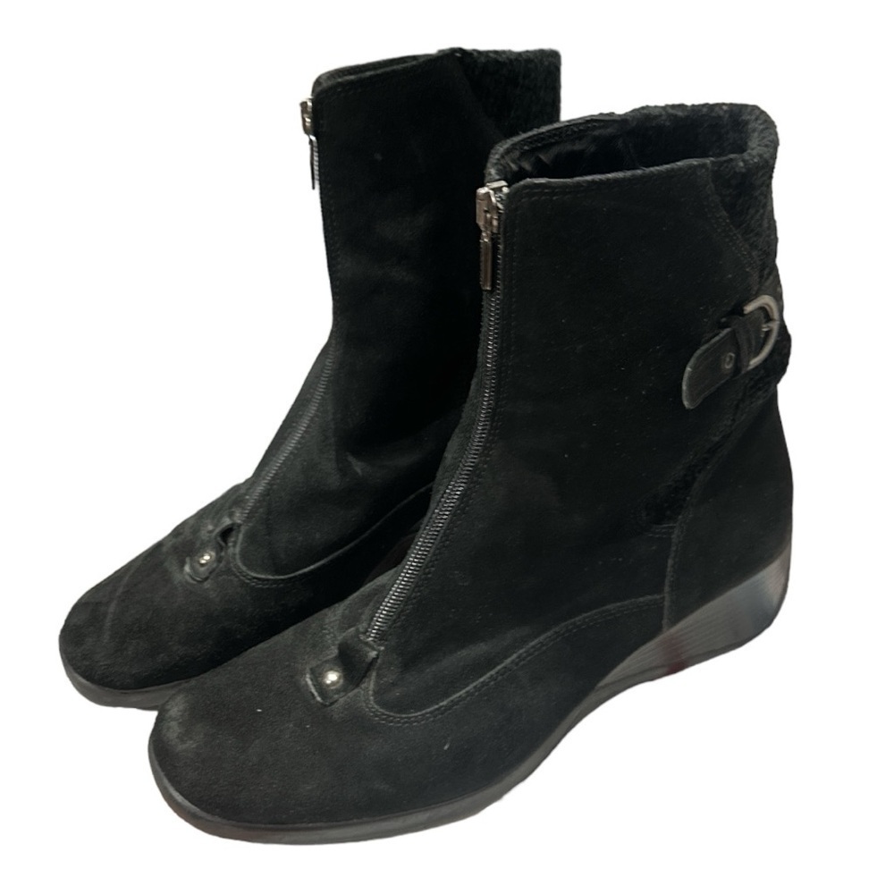 EUC - Aquatalia Black Suede Leather Zip Up Wedge Calf Boots - size 9
